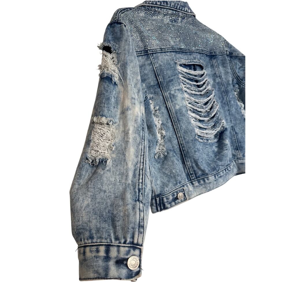 Thrill Jeans Denim Jacket Women's L Acid Wash Fringe Ripped Y2K Jean Distressed - Picture 5 of 7